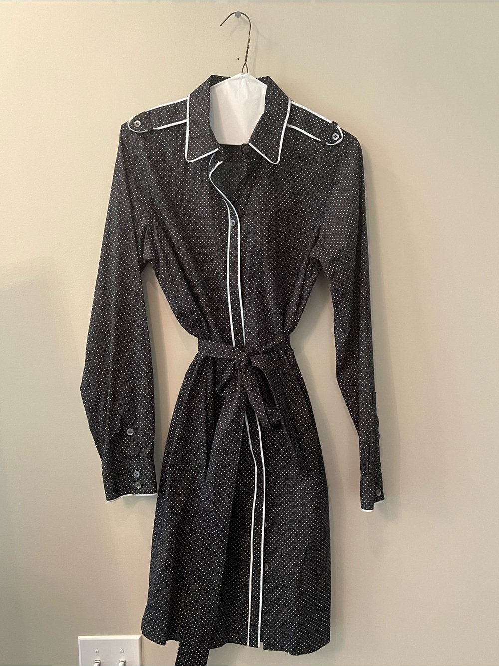 Brooks Brothers Black Polka Dot Tie-Waist Long Sleeve Shirt Dress